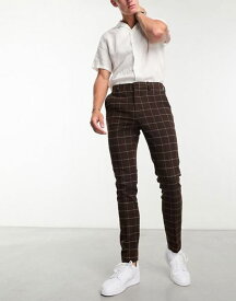 【送料無料】 エイソス メンズ カジュアルパンツ ボトムス ASOS DESIGN skinny wool mix smart pants in chocolate brown window check BROWN