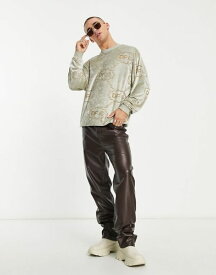 【送料無料】 エイソス メンズ パーカー・スウェット アウター ASOS Dark Future oversized sweatshirt in velour with all over burnout monogram logo print in khaki Khaki