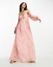 【送料無料】 エイソス レディース ワンピース トップス ASOS DESIGN babydoll bardot swing maxi dress in pink paisley print PINK PAISLEY PRINT