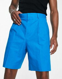 【送料無料】 エイソス メンズ ハーフパンツ・ショーツ ボトムス ASOS DESIGN smart wide linen mix shorts in blue BLUE