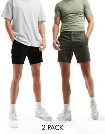 【送料無料】 エイソス メンズ ハーフパンツ・ショーツ ボトムス ASOS DESIGN 2 pack slim chino shorts in mid length in dark khaki and navy Multi