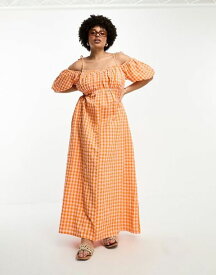 【送料無料】 エイソス レディース ワンピース トップス ASOS DESIGN Curve off-shoulder cotton maxi dress with ruched bust detail in pink and orange gingham PINK/ORANGE PLAID