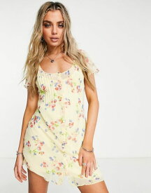 【送料無料】 エイソス レディース ワンピース トップス ASOS DESIGN pintuck button through mini dress in yellow floral print YELLOW FLORAL