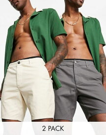 【送料無料】 エイソス メンズ ハーフパンツ・ショーツ ボトムス ASOS DESIGN 2 pack skinny chino shorts in mid length in beige and charcoal save Summer sand/lava