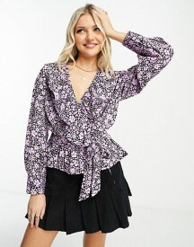 【送料無料】 ニュールック レディース シャツ ブラウス トップス New Look long sleeve wrap blouse in purple floral Purple