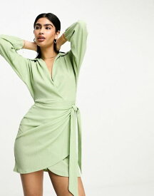 【送料無料】 エイソス レディース ワンピース トップス ASOS DESIGN long sleeve v neck wrap mini dress in mint Mint green