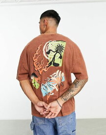 【送料無料】 エイソス メンズ Tシャツ トップス ASOS DESIGN oversized heavyweight T-shirt in washed brown with abstract back print Washed Brown