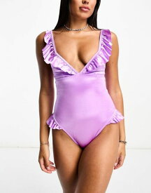 【送料無料】 エイソス レディース 上下セット 水着 ASOS DESIGN frill plunge swimsuit with seam detail in lilac LILAC