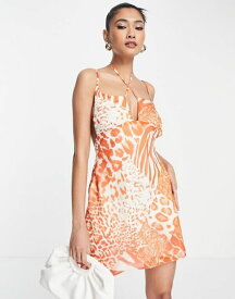 【送料無料】 エイソス レディース ワンピース トップス ASOS DESIGN bias soft mini dress with tie front detail in stone animal print Animal Print