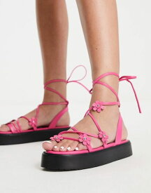 【送料無料】 エイソス レディース サンダル シューズ ASOS DESIGN Flower Pot chunky flat sandals with flower trim in pink PINK