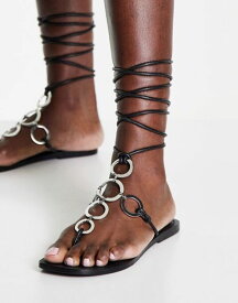 【送料無料】 エイソス レディース サンダル シューズ ASOS DESIGN Faliraki leather ring detail sandals with ankle tie in black Black