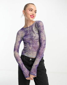 【送料無料】 モンキ レディース シャツ トップス Monki long sleeve mesh top in purple and green swirl print Purple And Green