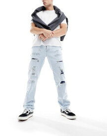 【送料無料】 エイソス メンズ デニムパンツ ボトムス ASOS DESIGN straight leg jeans with rip repair detail in light wash blue Blue