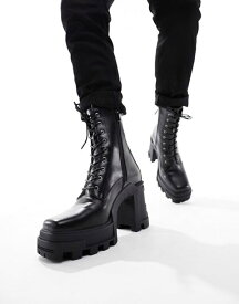 【送料無料】 エイソス メンズ ブーツ・レインブーツ シューズ ASOS DESIGN heeled lace up boots in black faux leather with platform sole Black
