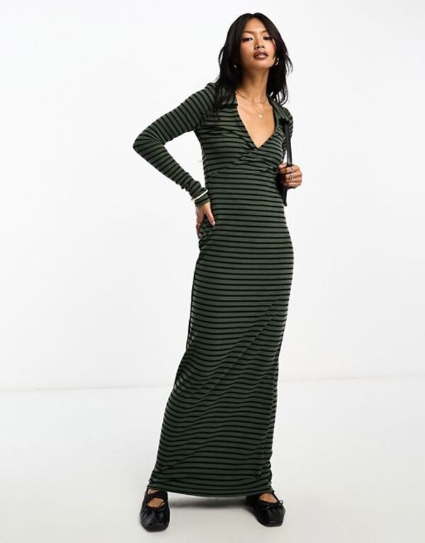 【送料無料】 エイソス レディース ワンピース トップス ASOS DESIGN wrap front maxi dress in stripe in green Multi stripe：ReVida
