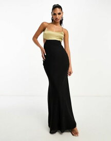 【送料無料】 エイソス レディース ワンピース トップス ASOS DESIGN cut out chiffon bias maxi slip dress with satin color block bodice in black Black / gold