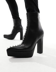 【送料無料】 エイソス メンズ ブーツ・レインブーツ シューズ ASOS DESIGN platform heeled boots with pointed toe in black faux leather with studs Black