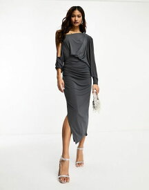 【送料無料】 エイソス レディース ワンピース トップス ASOS DESIGN off shoulder grecian drape midi dress in charcoal gray CHARCOAL