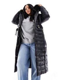 【送料無料】 リバーアイランド レディース コート アウター River Island Plus maxi belted puffer with faux fur hood in black Black