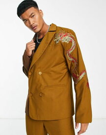 【送料無料】 リキュールアンドポーカー メンズ ジャケット・ブルゾン アウター Liquor N Poker oversized double breasted suit jacket in spliced brown with placement dragon print BROWN