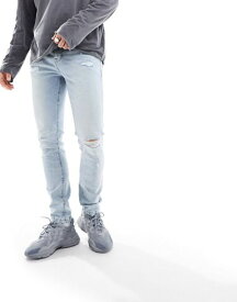 【送料無料】 エイソス メンズ デニムパンツ ボトムス ASOS DESIGN skinny jeans with rips in light blue tinted wash Light blue wash
