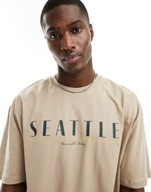 【送料無料】 エイソス メンズ Tシャツ トップス ASOS DESIGN oversized t-shirt in beige with chest Seattle print Off-white