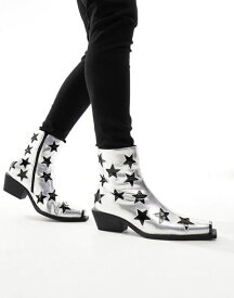 【送料無料】 エイソス メンズ ブーツ・レインブーツ シューズ ASOS DESIGN cuban heeled boots in silver faux leather with star details SILVER