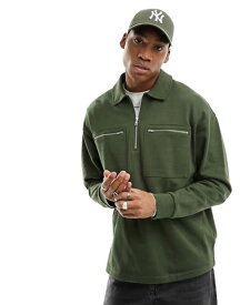 【送料無料】 エイソス メンズ パーカー・スウェット アウター ASOS DESIGN oversized half zip sweatshirt with pockets in dark green Deep depths
