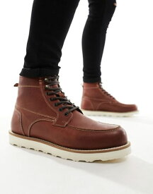 【送料無料】 エイソス メンズ ブーツ・レインブーツ シューズ ASOS DESIGN lace-up boots in brown leather with contrast sole BROWN