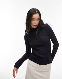 【送料無料】 トップショップ レディース Tシャツ トップス Topshop knitted fine gauge seam detail long sleeve top in navy navy