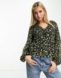 【送料無料】 ニュールック レディース シャツ ブラウス トップス New Look long sleeve cropped blouse in black floral Black