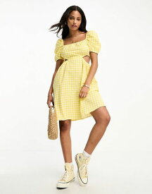 【送料無料】 モンキ レディース ワンピース トップス Monki balloon sleeve cut out mini dress in yellow gingham Yellow