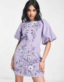 【送料無料】 エイソス レディース ワンピース トップス ASOS DESIGN tie back floral embroidery cord mini dress in lilac LILAC