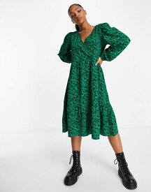 【送料無料】 モンキ レディース ワンピース トップス Monki wrap midi dress in green leopard print Green