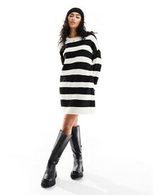 【送料無料】 ピーシーズ レディース ワンピース トップス Pieces knit sweater mini dress in black & white stripe BLACK & WHITE