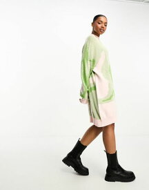 【送料無料】 モンキ レディース ワンピース トップス Monki long sleeve jacquard knitted sweater dress in pink and green blur print Pink and green