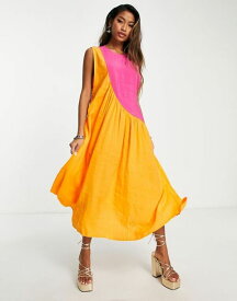 【送料無料】 トップショップ レディース ワンピース トップス Topshop asymmetric seam midi dress in color block orange and pink Multi