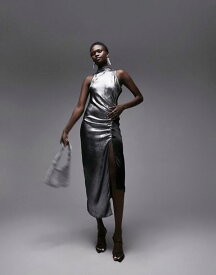 【送料無料】 トップショップ レディース ワンピース トップス Topshop metallic halter neck midi dress with ruched side in silver SILVER