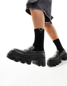 【送料無料】 エイソス メンズ スリッポン・ローファー シューズ ASOS DESIGN chunky loafers in black faux leather with silver studs Black