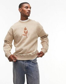 【送料無料】 トップマン メンズ パーカー・スウェット アウター Topman oversized fit sweatshirt with tulip embroidery in washed stone STONE