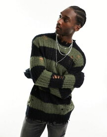 【送料無料】 オールセインツ メンズ ニット・セーター アウター AllSaints Sid crew neck knit distressed sweater in black and green stripe Black/green