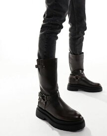 【送料無料】 エイソス メンズ ブーツ・レインブーツ シューズ ASOS DESIGN chunky boots in brown with vintage effect silver buckles BROWN