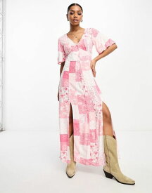 【送料無料】 ミスセルフフリッジ レディース ワンピース トップス Miss Selfridge angel sleeve button through maxi dress in pink patchwork print Pink patchwork