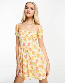 【送料無料】 ミスセルフフリッジ レディース ワンピース トップス Miss Selfridge poplin corset puff sleeve mini dress in citrus fruit print Fruit print