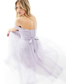 【送料無料】 エイソス レディース ワンピース トップス ASOS DESIGN Bridesmaid off shoulder tulle midi dress with tie back and pleated skirt in lilac Lilac