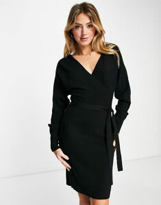 ���F�����[�_ ���f�B�[�X �g�b�v�X �����s�[�X �~�j�����s�[�X �~�j �j�b�g Vero Moda wrap front knit mini dress Black �u���b�N