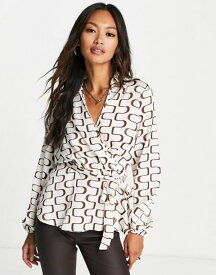 【送料無料】 ニュールック レディース シャツ トップス New Look wave print satin wrap collared top in off white White