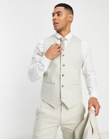 【送料無料】 エイソス メンズ ベスト トップス ASOS DESIGN wedding skinny wool mix vest in stone basketweave texture STONE