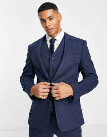 【送料無料】 エイソス メンズ ジャケット・ブルゾン アウター ASOS DESIGN Wedding skinny wool mix suit jacket in indigo basketweave texture NAVY