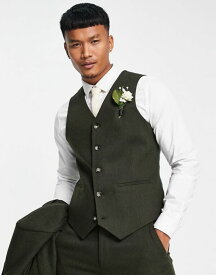 【送料無料】 エイソス メンズ ジャケット・ブルゾン アウター ASOS DESIGN wedding skinny wool mix suit vest in olive basketweave texture DARK GREEN